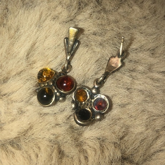 VTG Baltic Amber Sterling Silver Tri Colour Stone Stud Earrings 1.1” - Picture 4 of 6